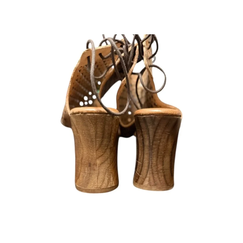 BED|STU Mali Cutout Leather Lace‎ Up Platform Wood Heel Sandals 6.5